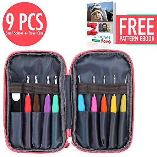 Crochet Hooks Ergonomic Set with Case and Scissors, 9pcs Hook Set with Comfortable Grip Handles for Arthritic Hands and Crocheter, Smooth and Long Needles for Any Patterns and Chunky Yarns