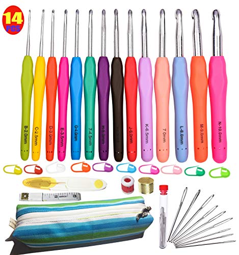 E-Uli 14 Sizes Ergonomic Crochet Hooks with Extra Long Hook in USA Size ...