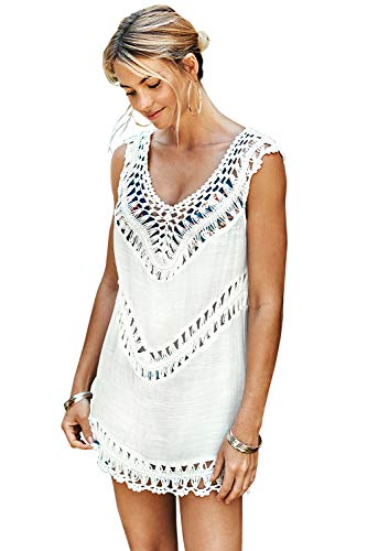 CUPSHE Women’s White Crochet Sleeveless Tunic V Neck Cover Up | DeRoLeE ...